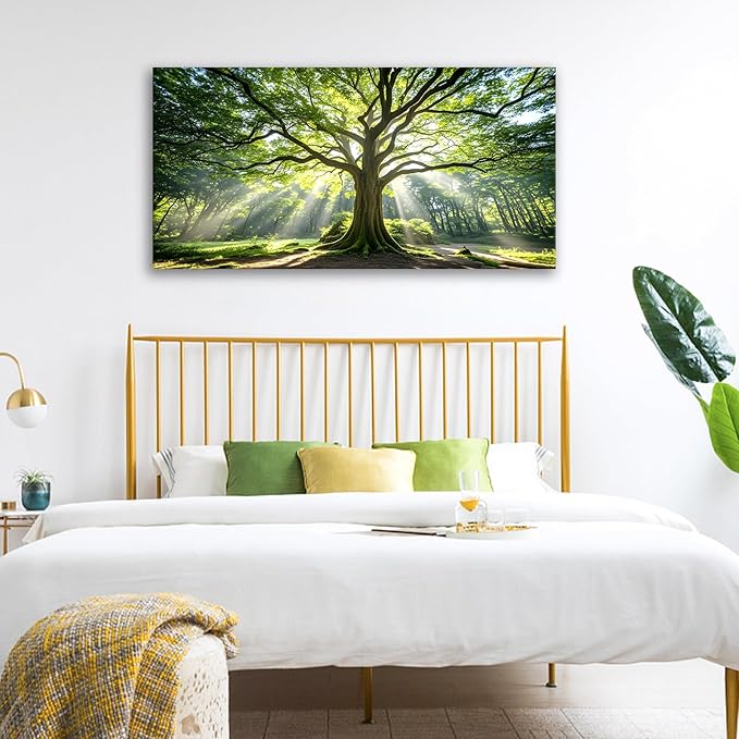JLXART Nature Canvas Large Art Spring Green Tree Wall Art Framed Forest Artwork for Office Wall Decoration Ready to Hang 24x48inch