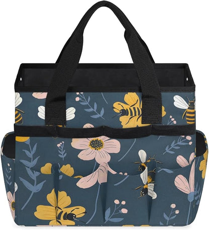 Garden Tote Bag with Pockets Bee Flower Gardening Bags for Tools Organizer Heavy Duty Storage Bag with Handle for Lawn Yard Casual