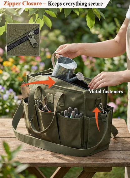 Heavy Duty Canvas Gardening Tote Bag with Pockets, Large Capacity Tool Organizer for Garden Tools, Portable Utility Bucket Carrier for Women Men, Outdoor Planter Caddy for Florist Supplies