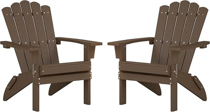 Folding HDPE Adirondack Chair Set of 2, Weather-Resistant Patio Chair with Wide Armrests & High Backrest, Fire Pit Chair for Garden, Backyard, Porch - Coffee