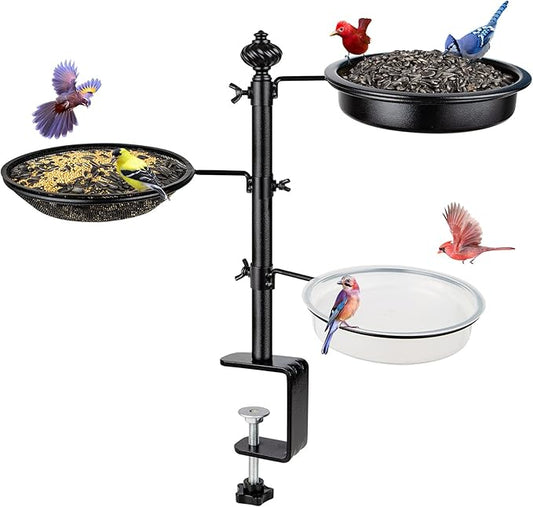 Deck Bird Feeder for Railing, BOLITE Balcony Bird Feeders for Outside, Three Trays, Enhanced Version, Black, Birthday Gifts for Women Men, Gifts for Mom Dad