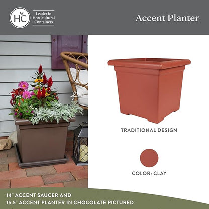 The HC Companies Accent Square Plant Pot w/Drainage - Classic Planters for Outdoor Plants & Indoor Plants - Lightweight & UV-Resistant Square Planter Box (12.5”, Clay, Pack of 1)