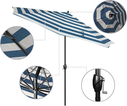 California Umbrella 9' Rd Aluminum Patio Umbrella, Crank Lift, Auto Tilt, Black Finish, Sunbrella Cabana Regatta
