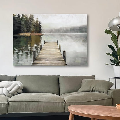Nature Landscape Large Wall Art Canvas Picture，Horizontal Dock Forest Artwork Decor，Modern Hand Painted Textured Lake Scenery Artwork Painting Decor, Wall Pictures for Bedroom Living Room 40x 28 Inch