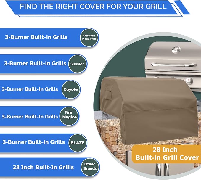 Covers & All Built-in Grill Cover for Outdoor Grill – Heavy Duty 12 oz Waterproof Built-in BBQ Grill Cover, PVC-Coated Polyester with Elastic Hem for Snug Fit (28 x 24 x 26 inches, Beige)