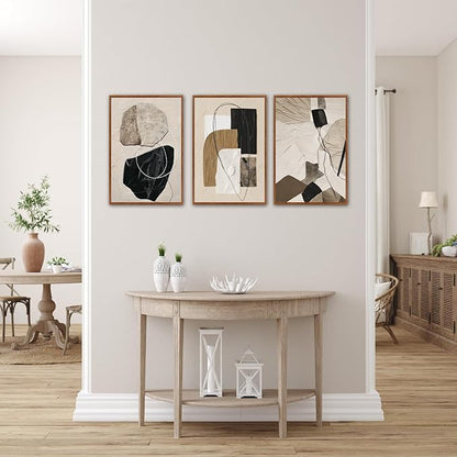 CHDITB Minimalist Geometric Framed Canvas Wall Art Set, Abstract Geometric Texture Wall Decor, Black Beige Wall Painting, Modern Art Prints for Living Room Bedroom Office 16"x24"x3