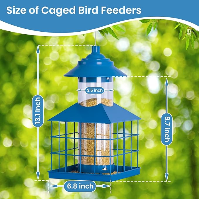 Squirrel Proof Bird Feeder, Hanging Metal Cage Bird Feeders for Outdoors, Weather Resistant Wild Bird Feeders with Finch Cardinal Chickadee, 3.4 LB Large Capacity,Blue