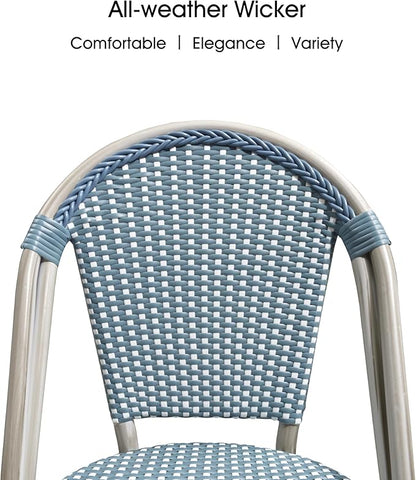 PURPLE LEAF Dining Chair Set of 2 Outdoor French Bistro Chairs Hand-Woven Aluminum Wicker Rattan Chairs for Garden Kitchen Backyard Porch White Print Finish Patio Chairs Light Blue