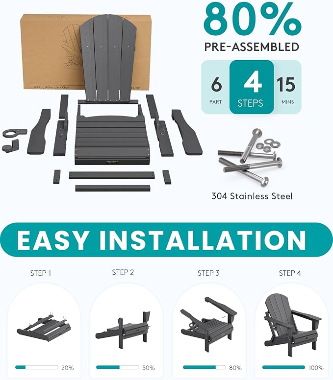 SERWALL Folding Adirondack Chair with Cup Holder Set of 6, Weather Resistant HIPS Lawn Chairs, Wooden Textured, Fire Pit Chairs for Backyard, Garden, Fire Pit- Gray
