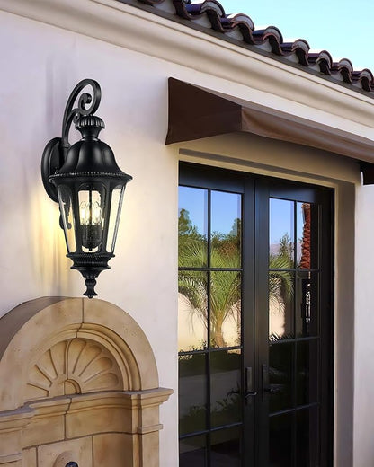 Outdoor Light Fixtures, HWH Exterior Wall Sconce Lantern with Seeded Glass, 29'' Large Outdoor Wall Lamp Antique Porch Light for Patio Garage Entryway, Matte Black Finish, 5HW90B-L BK