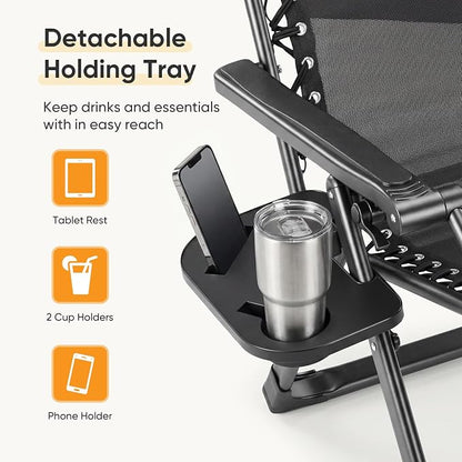 NEWBULIG Zero Gravity Chair, Folding Patio Recliner with Removable Cushion & Cup Holder Trays, Portable Lounge Chair for Beach & Camping, Classic Black