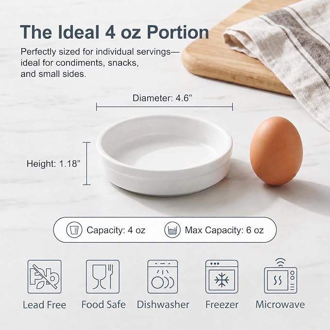 ONEMORE Creme Brulee Ramekins 4 oz Ceramic Baking Dishes, Oven Safe Ramekin Set, Small Porcelain Cups for Souffle, Custard, Dipping Sauce, Stackable White Kitchen Serveware, 14 Pack