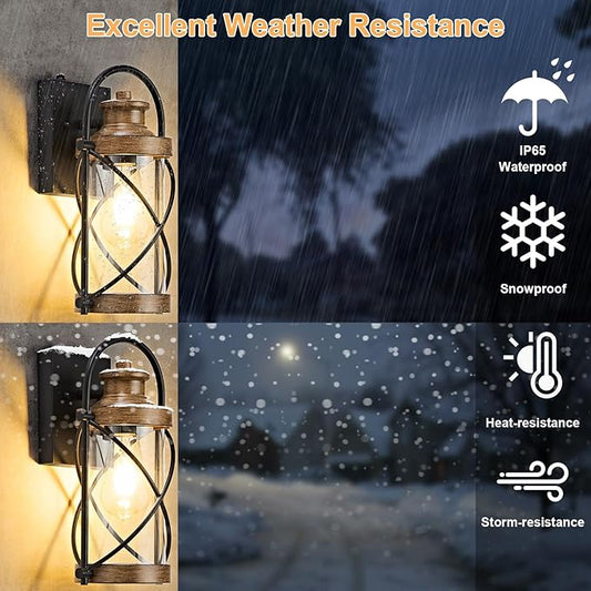 OKELI Dusk to Dawn Outdoor Wall Lights Fixtures, Waterproof Exterior Lighting Fixtures with Photocell Sensor,Vintage Faux Wood Grain Metal Cage Lantern Outside Lights for Porch Patio House Garage