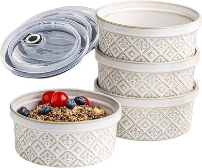 28 Oz Cereal Bowls Set with Lids, Ceramic Salad Bowls for Kitchen, Preparing, Camping, Office Lunch, 6 Inch Kitchen Food Storage Containers with Airtight Lids set of 4, Housewarming Present, Beige