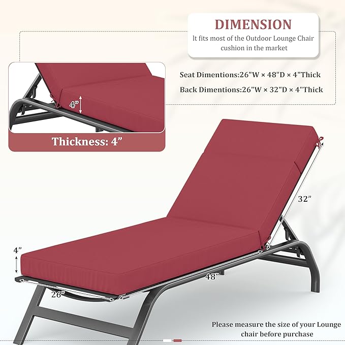 Chaise Lounge Cushions Outdoor, 80" L X 26" W X 4" D Lounge Chair Cushions for Outdoor Furniture, High-Density Foam Outdoor Chaise Cushion-Waterproof Fade-Resistant ThickPatio lounge chair cushion