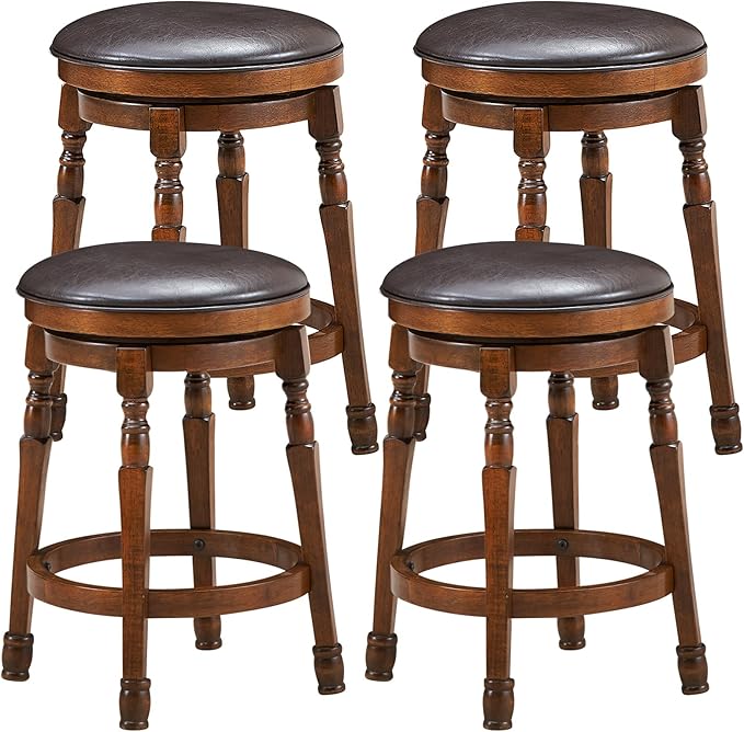 ERGOMASTER 24 Inch Swivel Bar Stools Set of 4, Rubber Wood, Brown