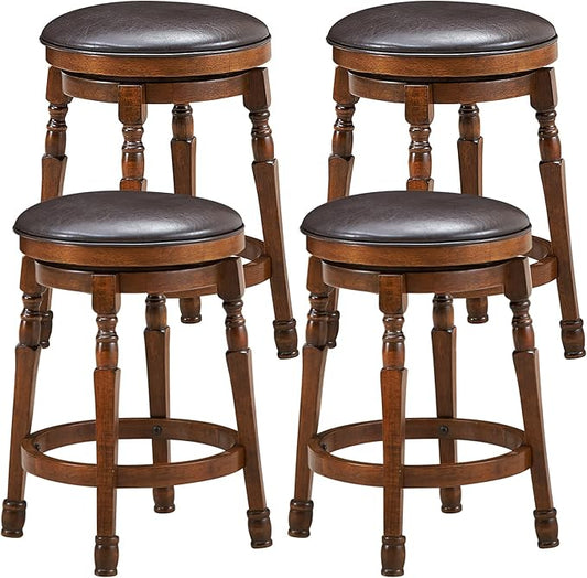 ERGOMASTER 24 Inch Swivel Bar Stools Set of 4, Rubber Wood, Brown