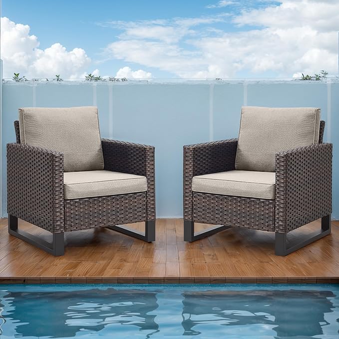 Rilyson Wicker Outdoor Patio Chairs Set of 2-2 Piece Rattan Chairs with Waterproof Wicker,Comfortable Cushions and Sturdy Metal Frame for Outside Porch Deck Backyard(Brown/Grey)