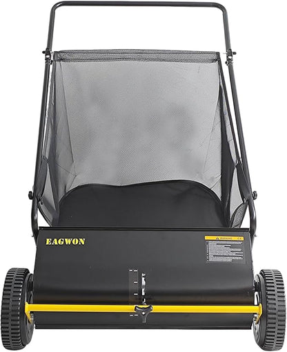 Push Lawn Sweeper, 26-Inch Width, 7 Cu. Ft. Hopper Capacity, 4 Spinning Brushes, Adjustable Height, Durable Steel Frame with Rubber Wheels,Yellow&Black