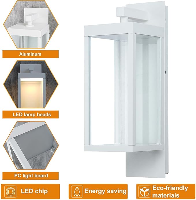 Outdoor Wall Light Lantern 2 Pack LED White Modern Exterior Light Fixture with Clear Glass 13W Anti-Rust IP54 Waterproof Front Porch Light