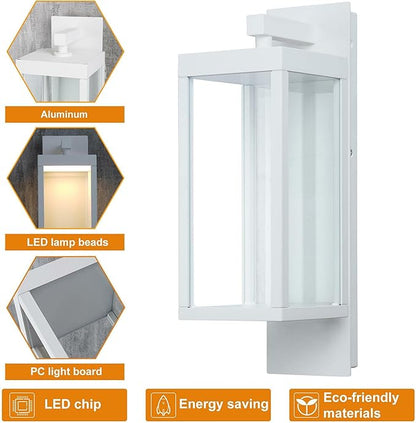Outdoor Wall Light Lantern 2 Pack LED White Modern Exterior Light Fixture with Clear Glass 13W Anti-Rust IP54 Waterproof Front Porch Light
