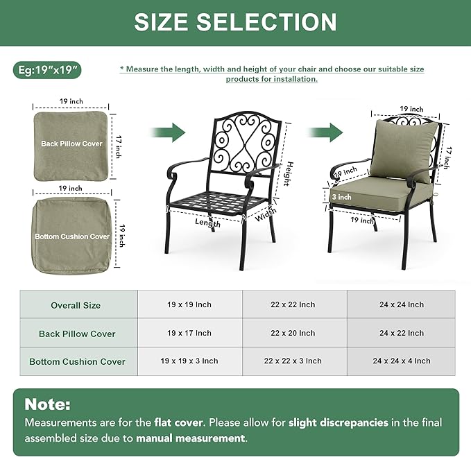 Summsun Water Resistant Outdoor Chair Cushions, Faux Linen Backrest and Deep Seat Cushion Set with Ties, Removable Cover, Non-Slip Bottom for Patio Furniture, 24 x 24 Inch, Mocca Green