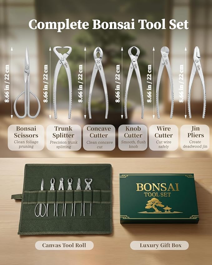6-Piece Bonsai Tools Set with Tool Roll Bag Organizer, Heavy Duty Bonsai Tree Kit, Include Concave Cutter, Knob Cutter, Trunk Splitter, Bonsai Scissors, Wire Cutter, Jin Pliers
