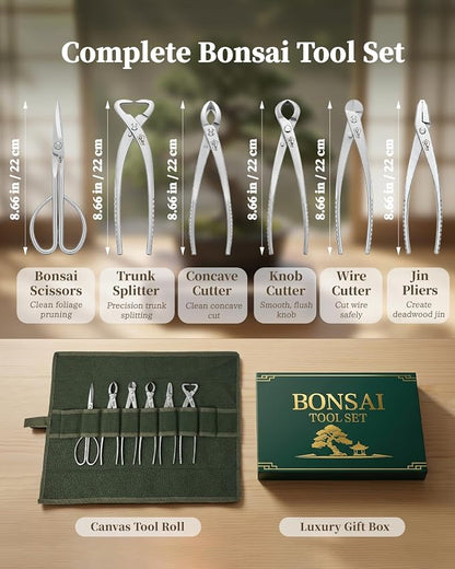 6-Piece Bonsai Tools Set with Tool Roll Bag Organizer, Heavy Duty Bonsai Tree Kit, Include Concave Cutter, Knob Cutter, Trunk Splitter, Bonsai Scissors, Wire Cutter, Jin Pliers