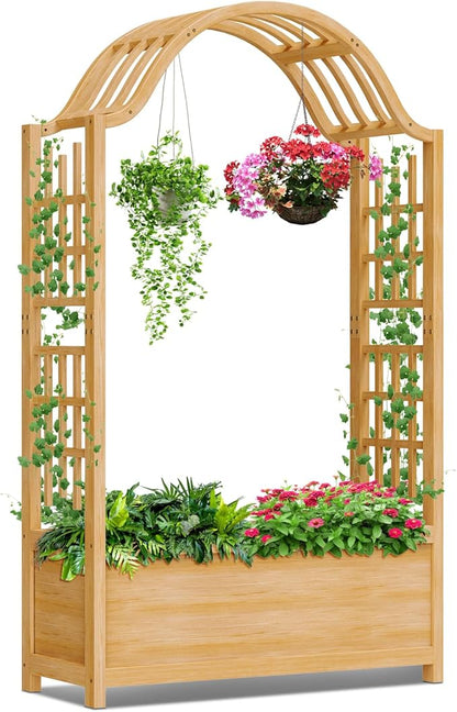 DoCred Raised Garden Bed with Trellis, Freestanding Wood Planter Box with Hanging Roof, Side Trellis Above Ground Elevated Garden Bed Outdoor Planter with Arch Trellis for Climbing Plants Vines Patio