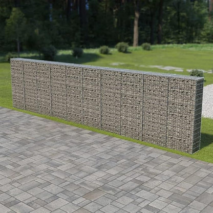 Galvanized Steel Gabion Wall with Covers, Gabion Mesh Wire Wall Panel Galvanized Steel Garden Stone Wire Basket Fencing Patio Decorative Fence, 236"x11.8"x59",-185