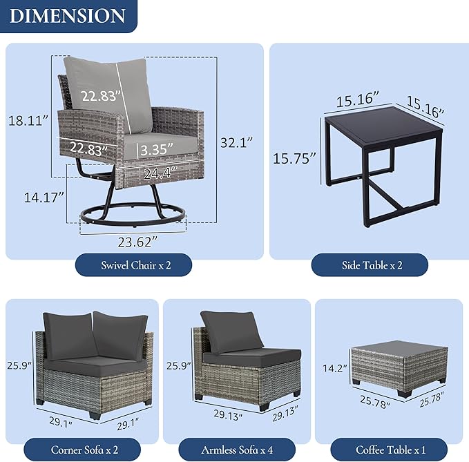 FHFO 10 Pieces Outdoor Patio Furniture Set with Swivel Chairs, Wicker Sectional Sofa Set Rattan Modular Patio Conversation with Cushions Couch & Coffee Table for Garden, Balcony, Porch, Grey-Grey