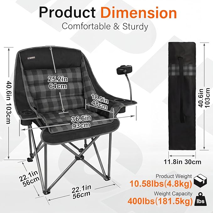 Oversized Camping Chairs for Adults- Heavy Duty Extra Large Lawn Chair,Folding Comfy Padded Camp Chair for Outdoor Sports Garden Beach Fishing,Wide&Thick,Black Plaid