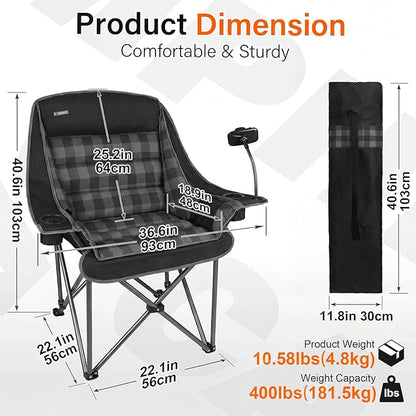 Oversized Camping Chairs for Adults- Heavy Duty Extra Large Lawn Chair,Folding Comfy Padded Camp Chair for Outdoor Sports Garden Beach Fishing,Wide&Thick,Black Plaid