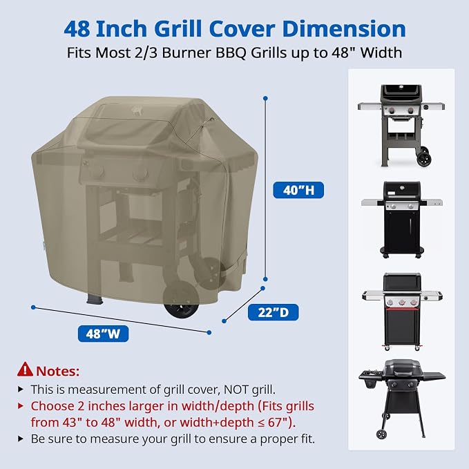 SunPatio Grill Cover 48 Inch for Outdoor Grill, Heavy Duty BBQ Cover with Waterproof Sealed Seam, FadeStop Material, All Weather Resistant Compatible for Weber CharBroil Nexgrill and More, Taupe