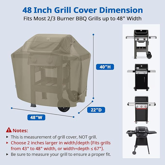 SunPatio Grill Cover 48 Inch for Outdoor Grill, Heavy Duty BBQ Cover with Waterproof Sealed Seam, FadeStop Material, All Weather Resistant Compatible for Weber CharBroil Nexgrill and More, Taupe