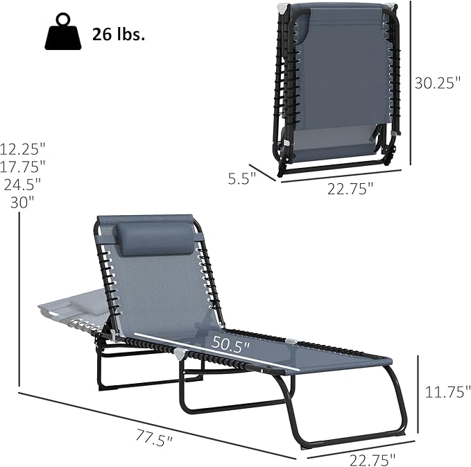 Outsunny Folding Chaise Lounge Chair Set of 2, Patio Sun Tanning Chair, Outdoor Chaise Lounger with 4-Position Reclining Back, Breathable Mesh Seat for Beach, Poolside, Gray