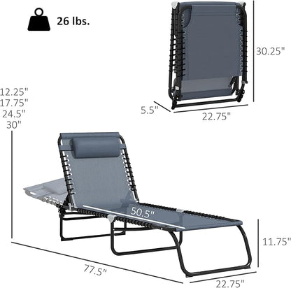 Outsunny Folding Chaise Lounge Chair Set of 2, Patio Sun Tanning Chair, Outdoor Chaise Lounger with 4-Position Reclining Back, Breathable Mesh Seat for Beach, Poolside, Gray