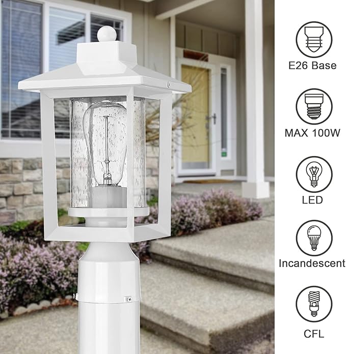 Outdoor Post Lights, Exterior Post Lantern, Outdoor Post Lamp, Pathway Post Lighting Fixture with Seeded Glass, Pillar Light in White Finish, Van-P WH