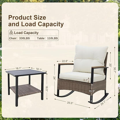 EAGLE PEAK 3 Piece Mojave Dusk Outdoor Conversation Set, Patio Wicker Furniture, 2 Rocking Chairs and Side Table, Light Brown/Beige