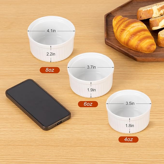 Yachi Ramekins White, 6 oz Ceramic Set of 6 Stoneware Bakeware for Souffle Sauces Dipping Onion Soup Lava Cake Flan Creme Brulee Kit Pudding Mini Custard Oven Safe