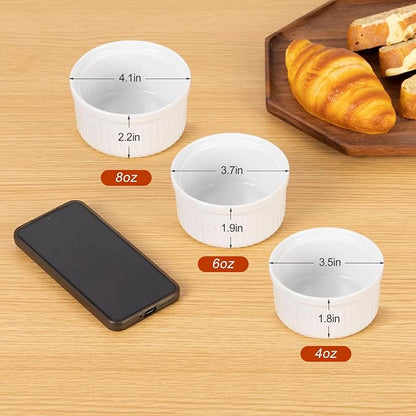 Yachi White Souffle Ramekins: 4oz 6 Pieces Ceramic Baking Ramekin Set Oven Safe Porcelain Bakeware Serving for Sauces Dipping Onion Soup Lava Cake Flan Creme Brulee Pudding Mini Custard