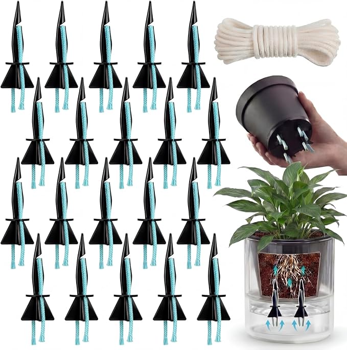 20 Pack Self Watering Spikes for Indoor Outdoor Plants, Automatic Plant Watering Stakes with 32.8ft Capillary Wick Rope, DIY Vacation Waterer for Potted Plant Seedling Garden Pot (Small)