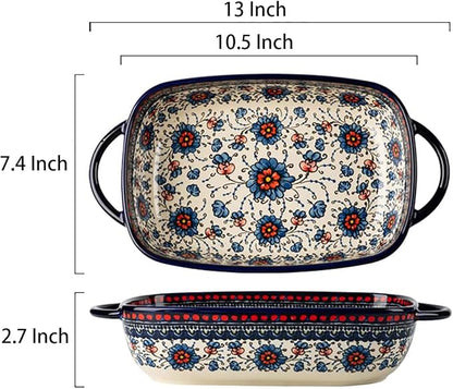 Vintage Style Pottery Bakeware Ceramic Casserole Dish Baking Pan Lasagna Pans Baking Dish with Handles for Oven/Cooking/Kitchen-1 PCS, Large Capacity, 60 OZ
