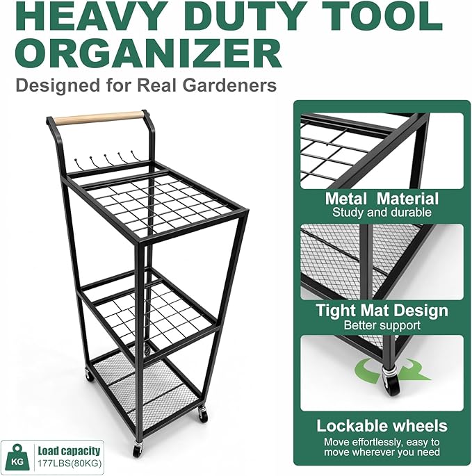 Garden Tool Organizer with Wheels Heavy Duty Yard Tool Organizer Rack with Side Storage Pockets Sturdy Metal Steel Holder with 6 Hooks for Garage, Yard, Patio, Shed