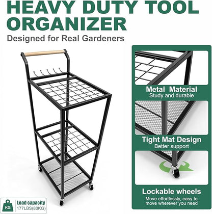Garden Tool Organizer with Wheels Heavy Duty Yard Tool Organizer Rack with Side Storage Pockets Sturdy Metal Steel Holder with 6 Hooks for Garage, Yard, Patio, Shed