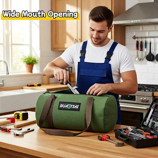 12 Inch Small Tool Bags for Men, Wide Mouth Zipper Tool Storage Bag, Large Capacity Canvas Tool Tote Bag, Multi-Function Tool bag for Storage Wrenches, Screwdrivers, Repair Tools (Green)