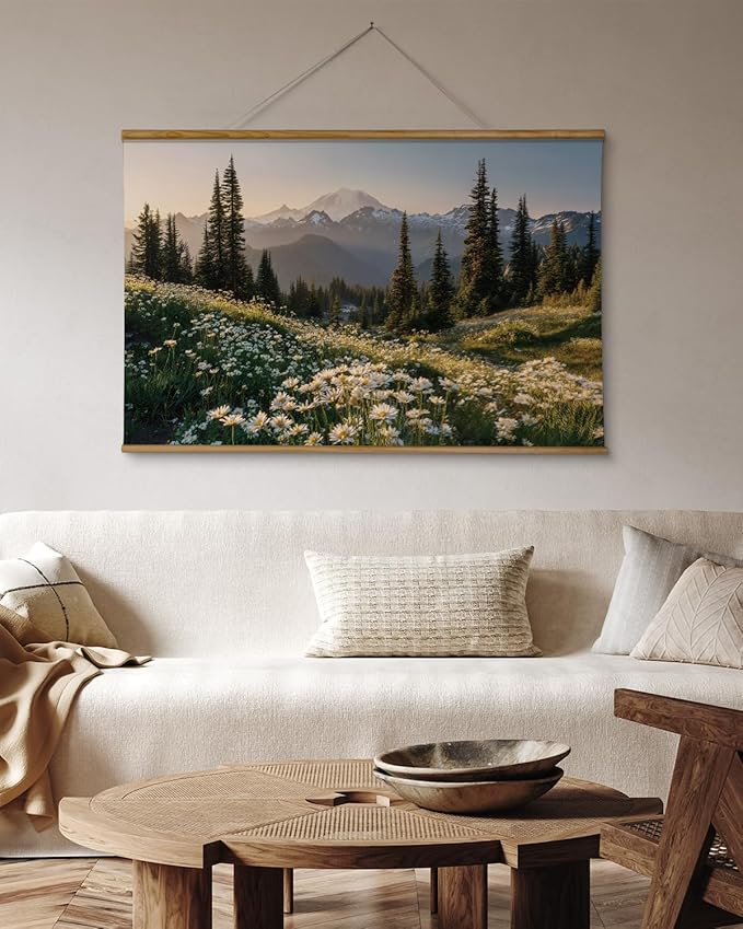 VIYYIEA Extra Large Size Canvas Wall Art, 36x54 Inch Mountain Landscape Scroll Painting with Wildflowers and Pines, Oversized Nature Wall Hanging for Living Room, Bedroom, or Office Decor