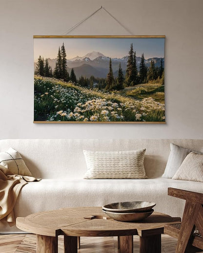 VIYYIEA Extra Large Size Canvas Wall Art, 36x54 Inch Mountain Landscape Scroll Painting with Wildflowers and Pines, Oversized Nature Wall Hanging for Living Room, Bedroom, or Office Decor
