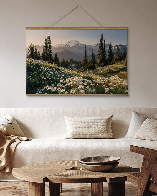 VIYYIEA Extra Large Size Canvas Wall Art, 36x54 Inch Mountain Landscape Scroll Painting with Wildflowers and Pines, Oversized Nature Wall Hanging for Living Room, Bedroom, or Office Decor