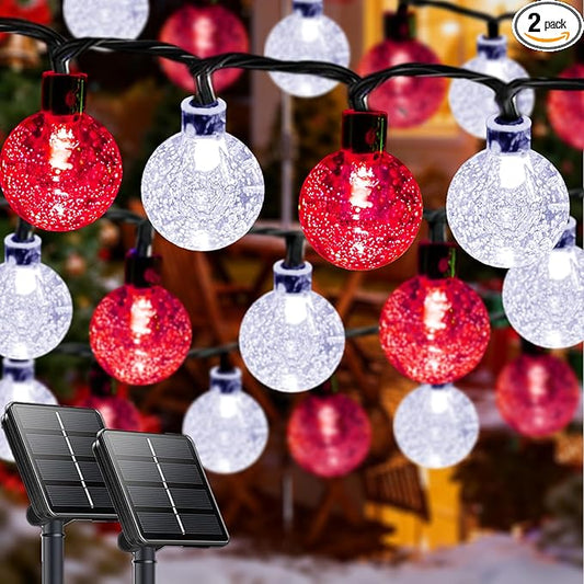 Red and White Solar Christmas String Lights, 2-Pack Total 100 LED 64FT Crystal Globe Solar Lights Outdoor Waterproof, Christmas Decorations with 8 Lighting Modes for Xmas Tree Wedding Patio Party
